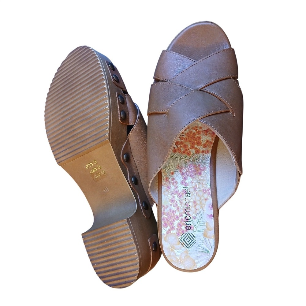 Eric Michael Tan Brown Leather Studded Platform Slide Clog Sandals Size 40 NEW